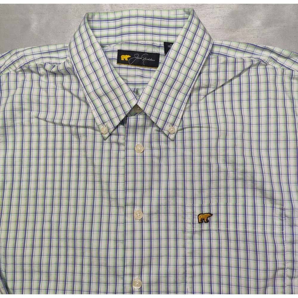JACK‎ NICKLAUS THE JAKE Men Large Purple Green Pink Check Button-Up Shirt EUC